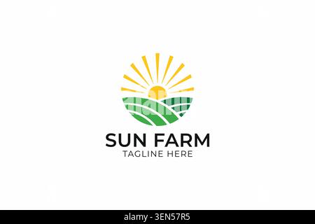 Modern Sun Farm Field Fresh Morning Logo Design with Circle Vector Template Stock Vector