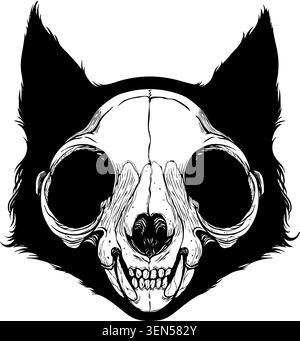 Black and white illustration of a cat skull with ears and a furry silhouette. Detailed line work on the bones and suture lines. Edgy, bold, and gothic Stock Vector