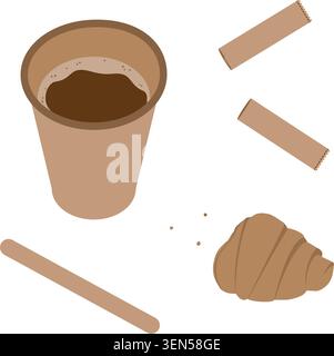 Disposable paper cup with coffee, bitten croissant, crumbles and stirring and sugar stick Coffee Set. Isolated Vector illustration Sticker Icon Coffee or breakfast Related content Menu card, price tag Stock Vector