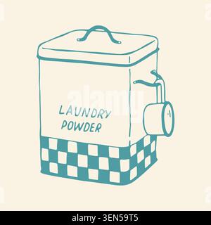 Hand drawn vintage style laundry powder tin box with scoop. Vector doodle of detergent storage container with checkered pattern for home cleaning and Stock Vector