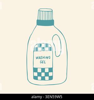 Vector hand drawn bottle of liquid detergent or washing gel. Cute teal doodle of laundry soap container with checkered label for housekeeping and Stock Vector