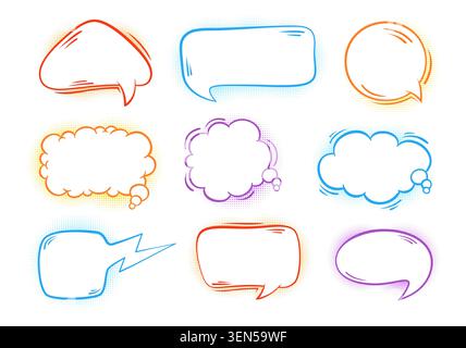 Comic speech bubble set. Blank cartoon text boxes, halftone dialog clouds, doodle chat balloons bright colors. Pop art frames for sticker, logo, tag and banner. Vector collection Stock Vector