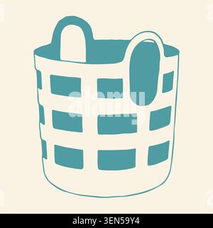 Hand drawn teal laundry basket icon. Simple doodle vector of empty plastic hamper for clothes, household chores and bathroom organization element Stock Vector