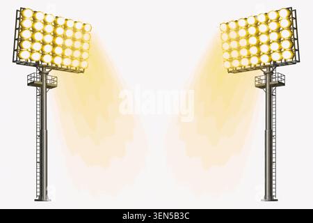 Title: Stadium lights effect on a white background. Spotlights realistic vector illustration. Lighting design template, empty scene. Stock Vector
