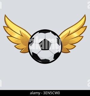 A minimalist flat vector of stylized eagle wings in golden framing a soccer ball, representing the host spirit, sharp geometric feathers Stock Vector