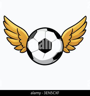 Flying soccer ball with golden wings graphic icon representing speed, victory, and competition. Ideal for logo, signs, label, sticker, stamp, button Stock Vector