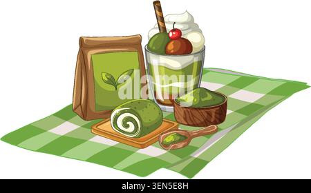 Vector illustration of matcha desserts, powder, and tea bag on a green checkered tablecloth Stock Vector