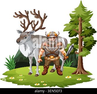 Cartoon illustration of a bearded viking warrior holding a sword beside a large reindeer Stock Vector