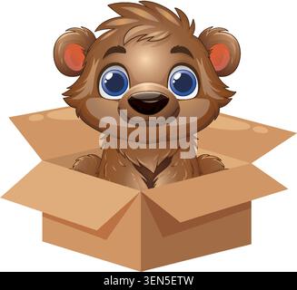 A friendly brown bear cub with large blue eyes sits inside a cardboard shipping box. Stock Vector