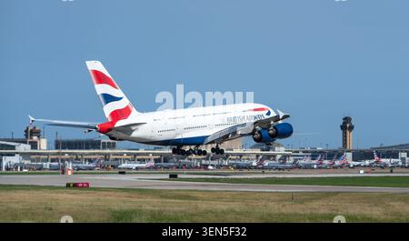 IRVING, USA - May 23, 2026: British Airways aircraft Airbus A380 landing at Dallas Fort Worth International Airport (DFW) from London, blue skies. Stock Photo