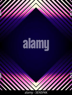 Neon background with geometric diamond frame and vibrant pink purple glowing diagonal lines on dark blue copy space for futuristic digital tech design Stock Vector