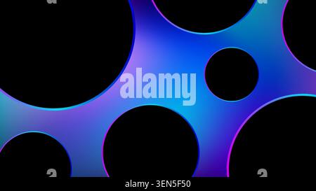 Abstract neon gradient background with black geometric circles and glowing cyber blue violet fluid shapes for modern digital graphic design wallpaper Stock Vector