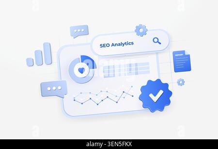 SEO reporting with search performance analytics, ranking insights and visibility monitoring. Track organic growth, evaluate search metrics and SEO optimize website performance vector illustration. Stock Vector