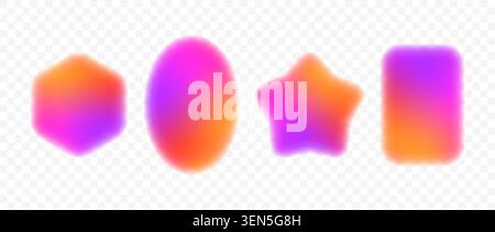 Bright iridescent gradient frame set. Red orange purple badge border collection. Vibrant blurred rainbow hexagon, ellipse, star banner element pack. Colorful vivid button box template bundle. Vector Stock Vector