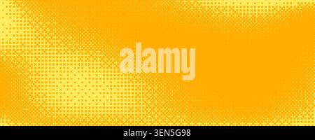 Yellow orange bitmap pixel texture. 8 bit halftone faded pop art gradation wallpaper. Dotted dither gradient pattern background. Vanishing raster video arcade game backdrop for banner, poster. Vector Stock Vector