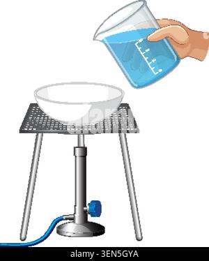 Vector illustration of hand pouring blue liquid into evaporating dish over Bunsen burner tripod Stock Vector