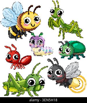 Set of seven adorable vector insect characters isolated on white background with vibrant colors Stock Vector