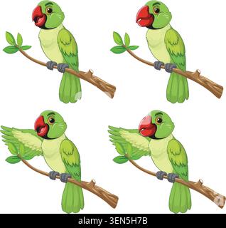 Cartoon green parrot with red beak, four poses, perched on branch, white background Stock Vector