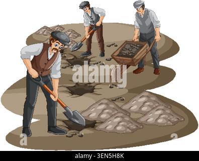 Vector illustration of three men in vintage attire digging holes and using a wooden wheelbarrow Stock Vector