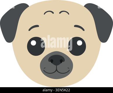 Flat illustration of a pug dog face with dark floppy ears round eyes and a small wrinkled muzzle Stock Vector