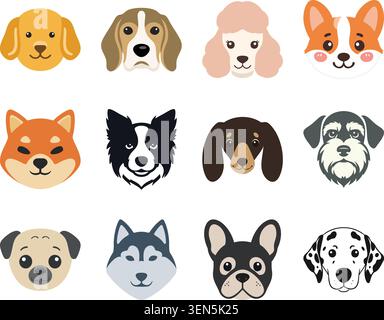 A colorful flat illustration set featuring various dog breed faces Stock Vector