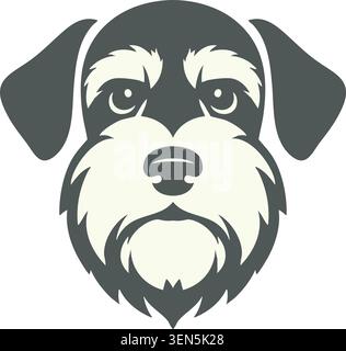 Flat illustration of a gray schnauzer dog face with bushy eyebrows floppy ears and a fluffy beard Stock Vector