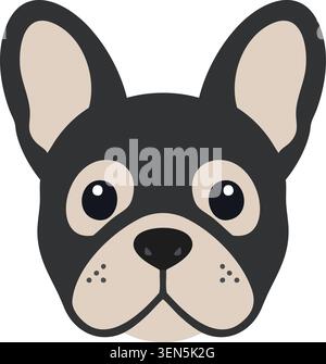 Flat illustration of a black French bulldog face with large ears tan muzzle round eyes and small freckles Stock Vector