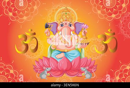 Vibrant vector illustration of Ganesha sitting on a lotus with mandala patterns and Om symbols. Stock Vector