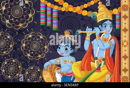 Cartoon style vector illustration of blue deities with traditional ornaments against a mandala background. Stock Vector