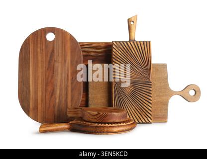 Assortment of wooden cutting boards and serving platters for kitchen and food preparation, isolated on white background Stock Photo