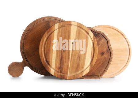Assorted wooden pizza boards and cutting boards for kitchen and restaurant use, isolated on white background Stock Photo