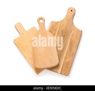 Assorted wooden cutting boards for kitchen food preparation, culinary tools and utensils, isolated on white background Stock Photo
