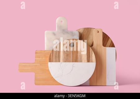 Assorted wooden and marble cutting boards for kitchen preparation and serving, culinary tools and home decor Stock Photo
