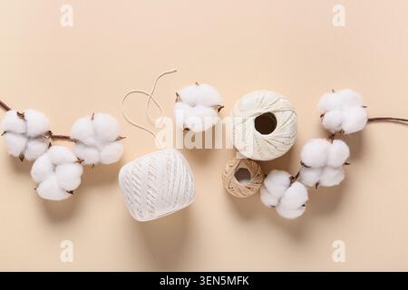 Natural cotton bolls and thread spools on beige background, sustainable textile production and eco-friendly materials Stock Photo