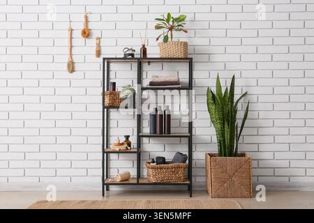 Modern bathroom shelf with natural skincare products, green plants, and woven baskets against white brick wall Stock Photo