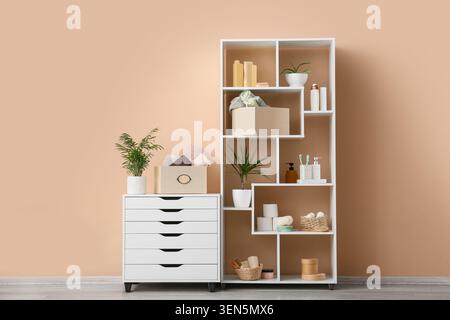 Modern bathroom storage solution with white shelf and drawer cabinet, organized toiletries and plants on peach wall Stock Photo