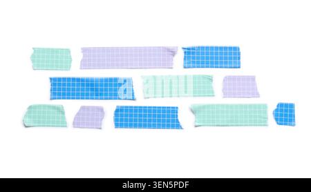 Colorful grid pattern washi tape pieces isolated on white background for creative design and craft projects, the torn edges of the adhesive tape strip Stock Photo