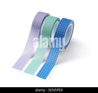 Colorful grid pattern washi tapes for creative crafting and decorative stationery projects on white background, the tapes feature shades of purple, mi Stock Photo