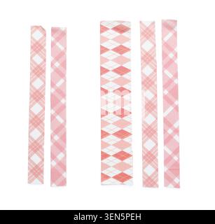 Pink and white plaid patterned washi tape strips for crafting and decorative projects, isolated on white background, the collection of adhesive paper Stock Photo