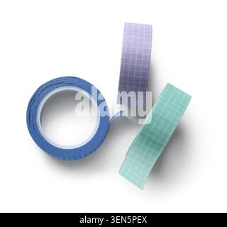Colorful washi tape rolls with grid patterns for crafting and stationery projects on white background, the purple and mint green tapes feature a subtl Stock Photo