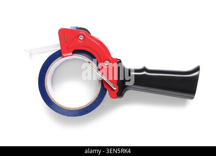 Blue adhesive tape dispenser with red handle for packaging and shipping, isolated on a clean white background Stock Photo