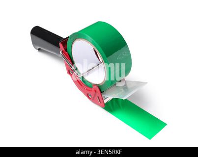 Green packaging tape dispenser with adhesive roll for shipping and moving, isolated on white background Stock Photo