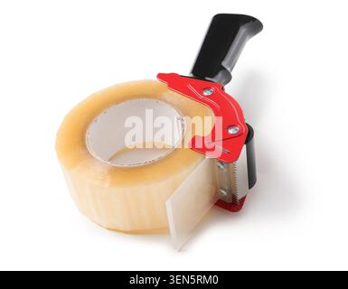 Clear packaging tape dispenser with red and black handle for shipping and moving boxes, isolated on white background Stock Photo