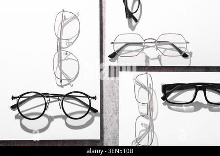 Modern eyeglasses collection with various styles and shapes for vision correction and fashion accessories Stock Photo