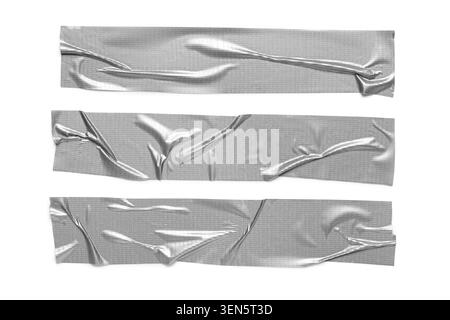 Three gray duct tape strips with wrinkles and texture, isolated on a clean white background for repair and craft projects Stock Photo