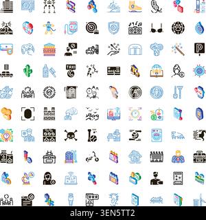 Large collection of diverse isometric and flat icons depicting various business concepts, modern technology, everyday objects, and service industries Stock Vector