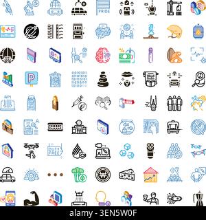 Set of various icons covering themes like healthcare, scientific research, innovative technology, business analytics, commerce, industry, education, a Stock Vector
