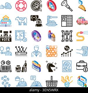 Collection of diverse flat icons representing technology, healthcare, business, food, transport and lifestyle servers, cloud, doctor, briefcase, car, Stock Vector