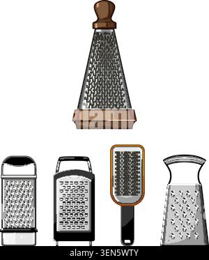 Various kitchen graters standing together, illustrating essential cooking tools for shredding cheese, vegetables, and spices, adding texture and flavo Stock Vector