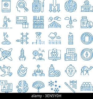 Hand drawn blue doodle icons representing a wide range of subjects, including digital media, medical health, travel, nature, business, and artificial Stock Vector